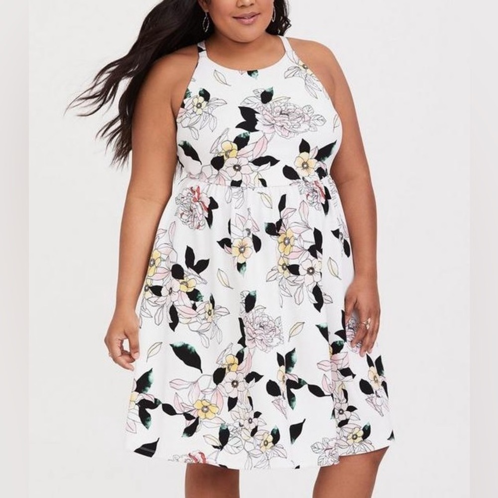 Torrid Mini Textured Knit Skater Dress White Floral Womens size 1 (1X)